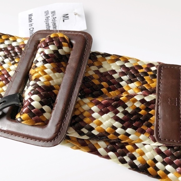 ELLEN Tracy Wide Woven Belt Coated Soft Multicolor Brown Mustard New M/ L - Picture 5 of 10